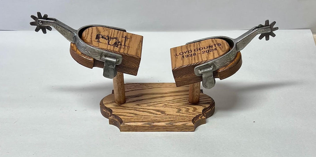 Personalized Trophy Spur Stands - Solid Oak image 1
