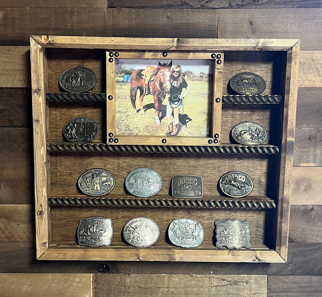 14 Buckle Display with Top Center 8x10 Picture Frame - Many Backgrounds Available - Solid Birch image