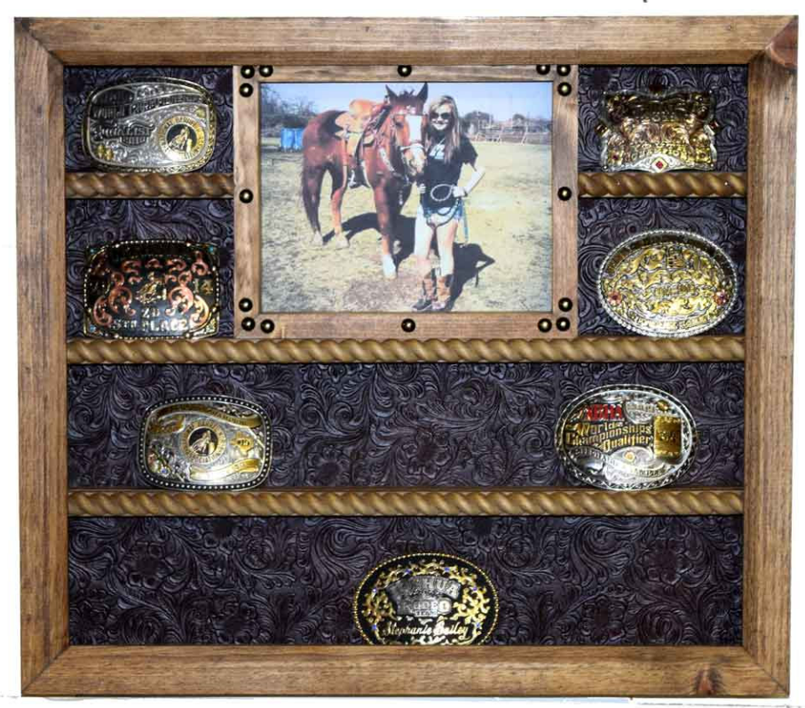 14 Buckle Display with Top Center 8x10 Picture Frame - Many Backgrounds Available - Brown Faux Leather image