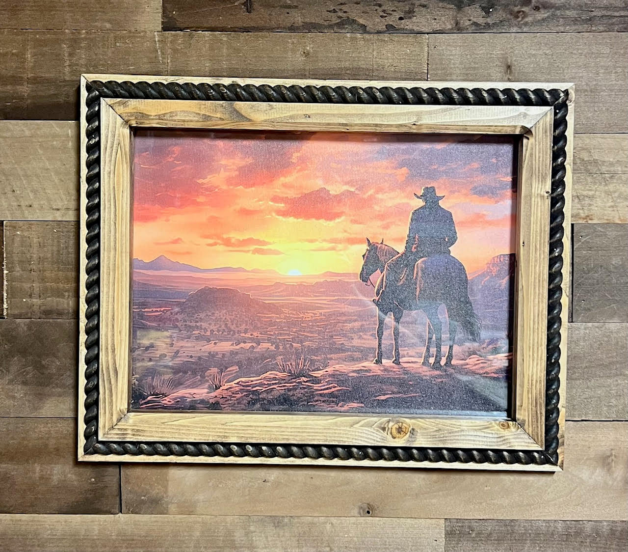 12" x 16" Cowboy Sunrise Canvas Print in Handcrafted Rustic Frame image 0