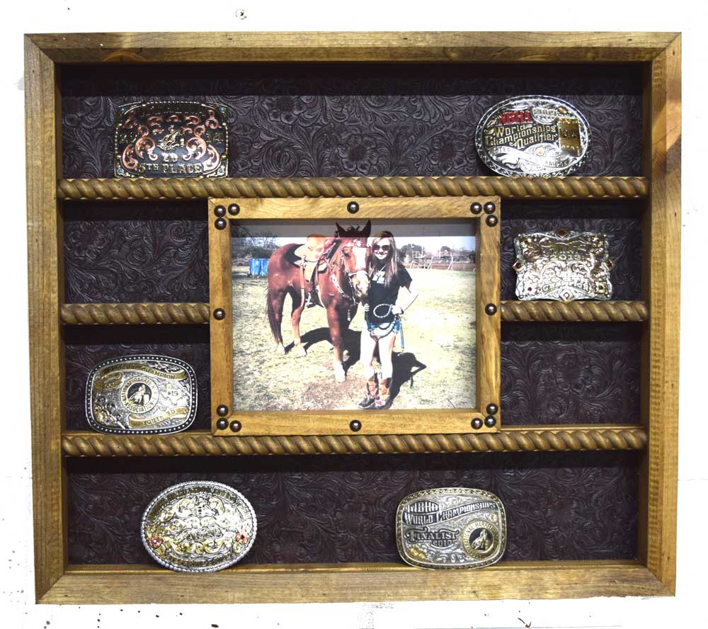 14 Buckle Display with 8x10 Picture Frame - No Stars - Brown Faux Leather image