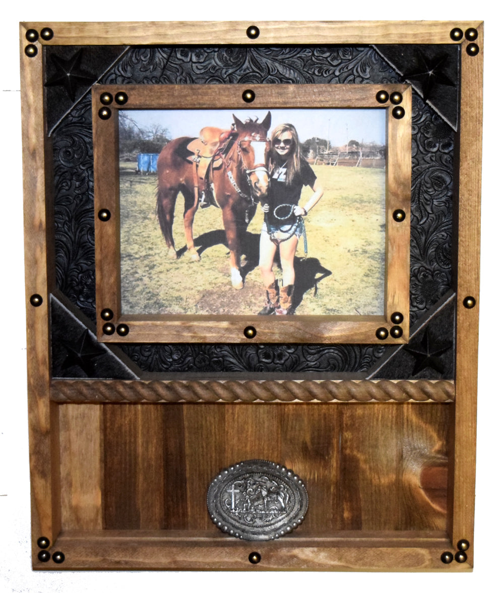 3 Buckle Display with 8 x 10 Picture Frame - Black Faux Leather image