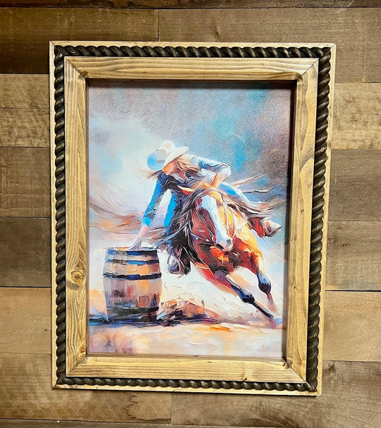 12" x 16" Barrel Racer Canvas Print in Handcrafted Rustic Frame image 0