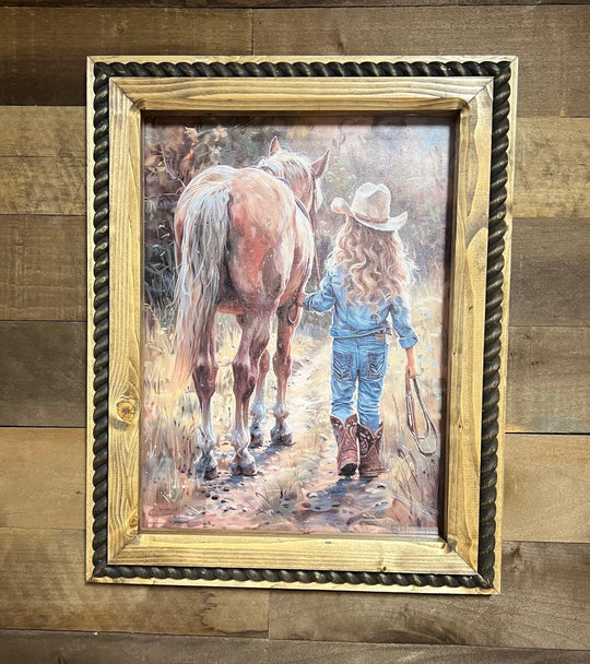 12" x 16" Little Girl in Jeans Canvas Print in Handcrafted Rustic Frame image 0