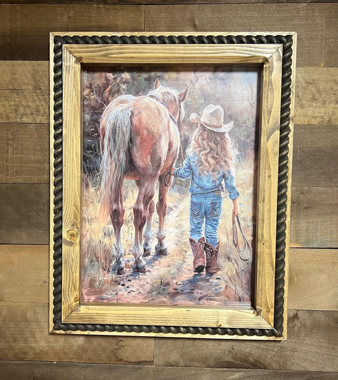 12" x 16" Little Girl in Jeans Canvas Print in Handcrafted Rustic Frame image 1