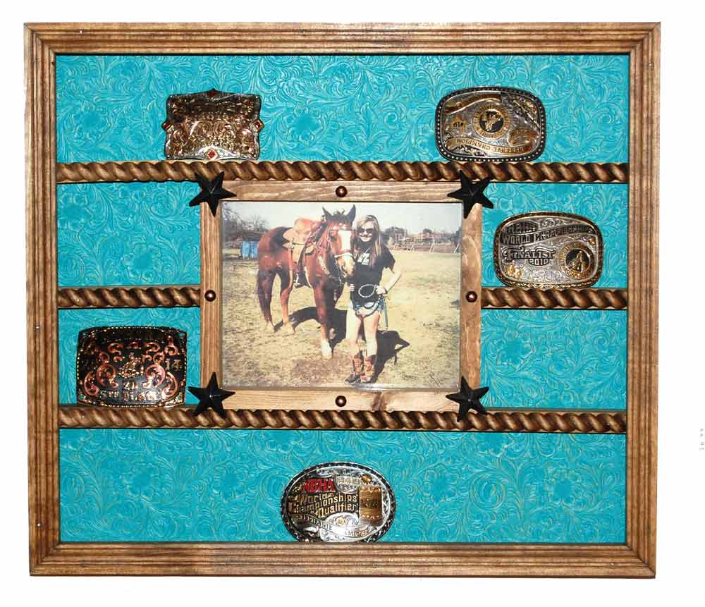 14 Buckle Display with 8x10 Picture Frame - Many Backgrounds Available - Turquoise Faux Leather image