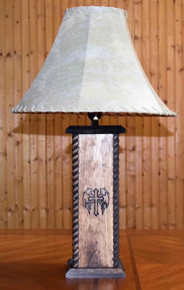 24" Western Table Lamp with USB Engraved Winged Cross. These beautiful Western table lamps are perfect for the cabin or your rustic Decor image 0